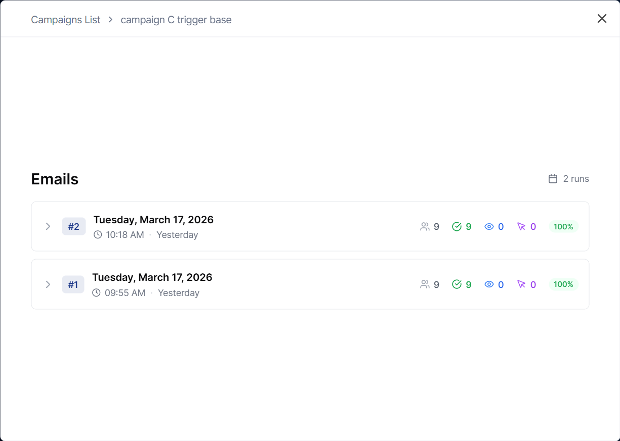 Campaign overview showing automated execution runs with stats