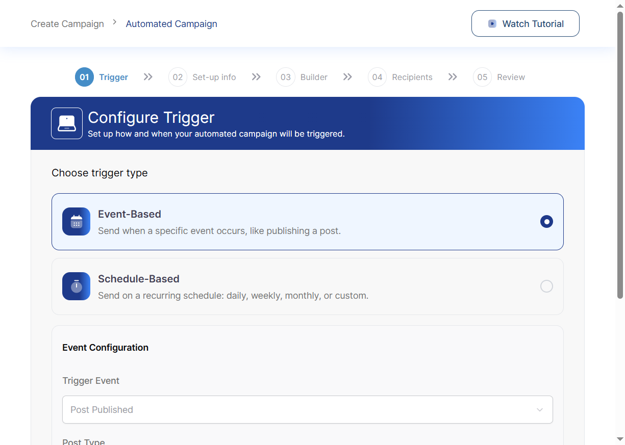 Configure Trigger step showing Event-Based and Schedule-Based options