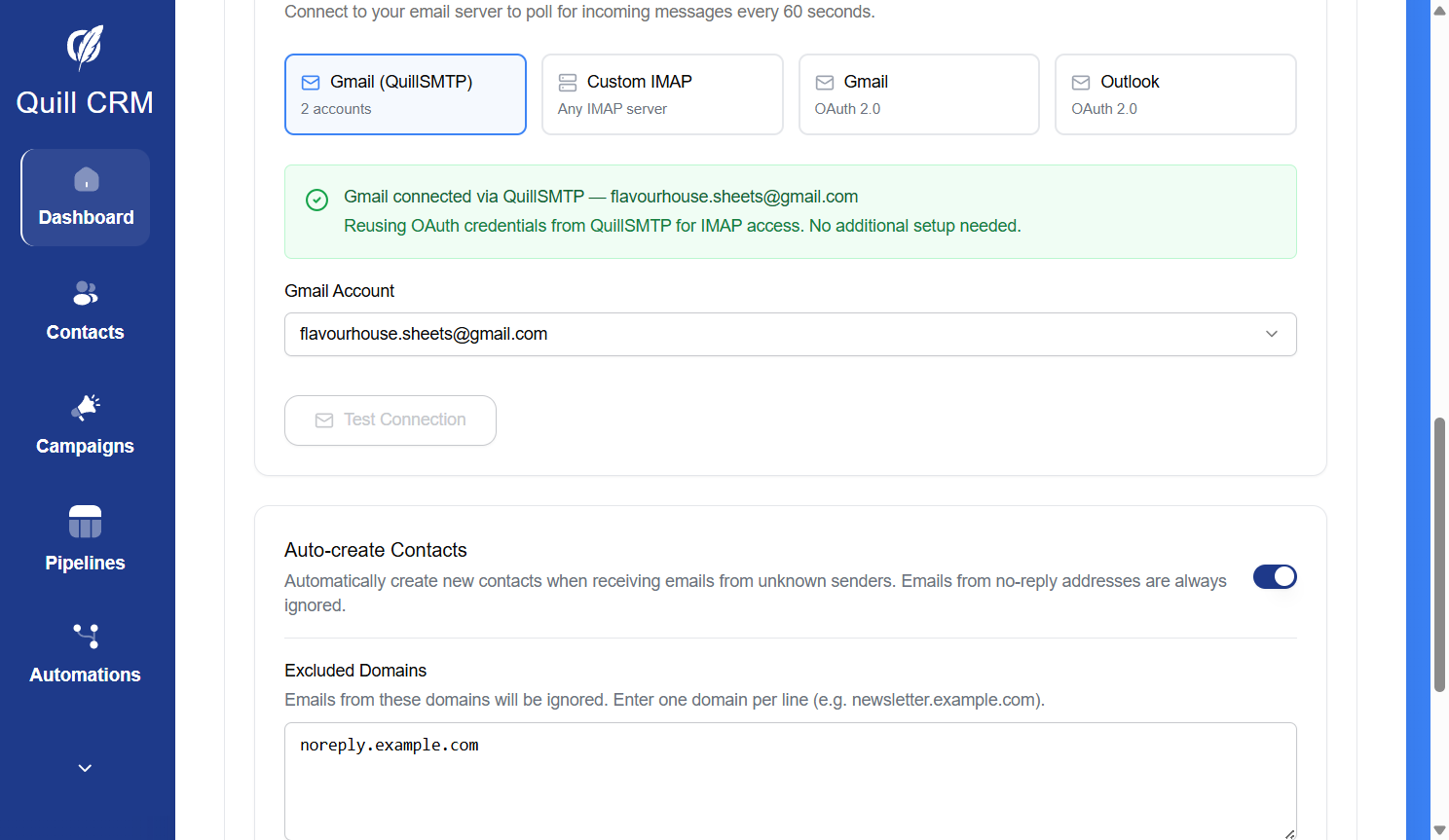 IMAP Configuration — Provider selection, connection details, and Advanced Options