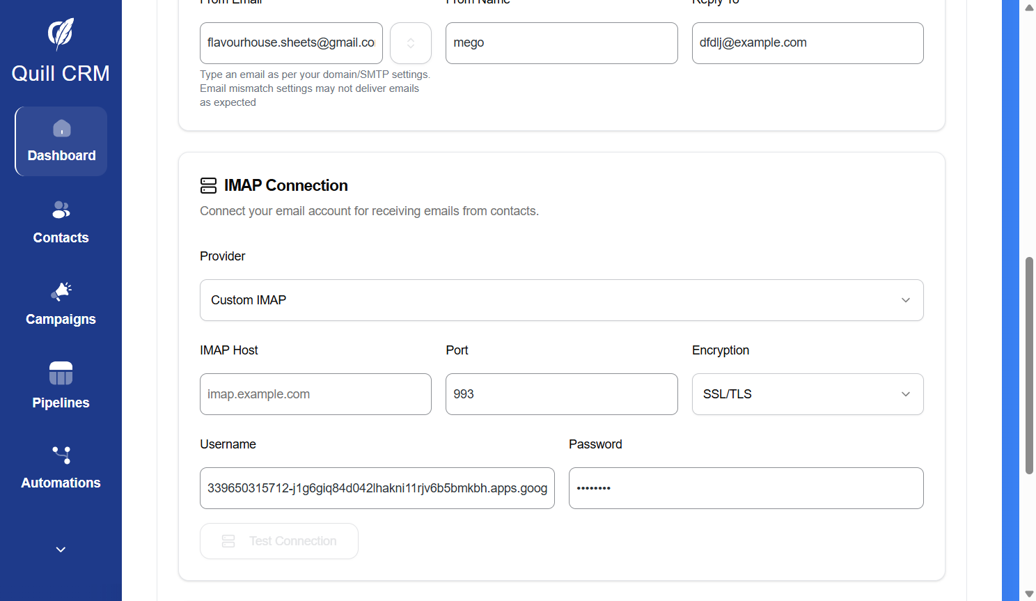 Personal Email IMAP Connection — Provider, Host, Port, Encryption, Username, Password