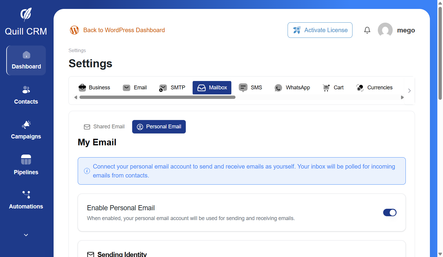 Personal Email tab — Enable Personal Email toggle and Sending Identity