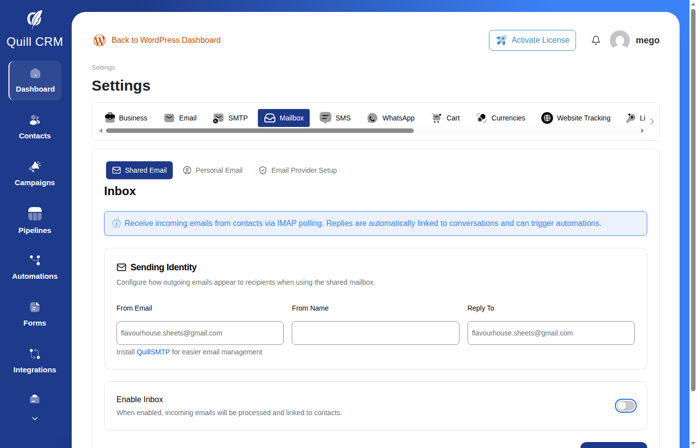 Mailbox Settings — Shared Email tab with Enable Inbox toggle and info banner