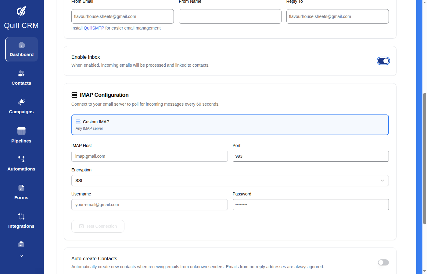 IMAP Configuration — Provider selection tabs, connection details, and options