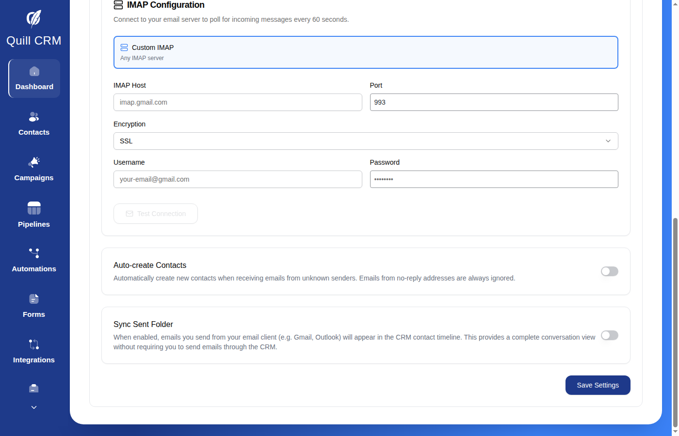Auto-create Contacts, Excluded Domains, and Sync Sent Folder options