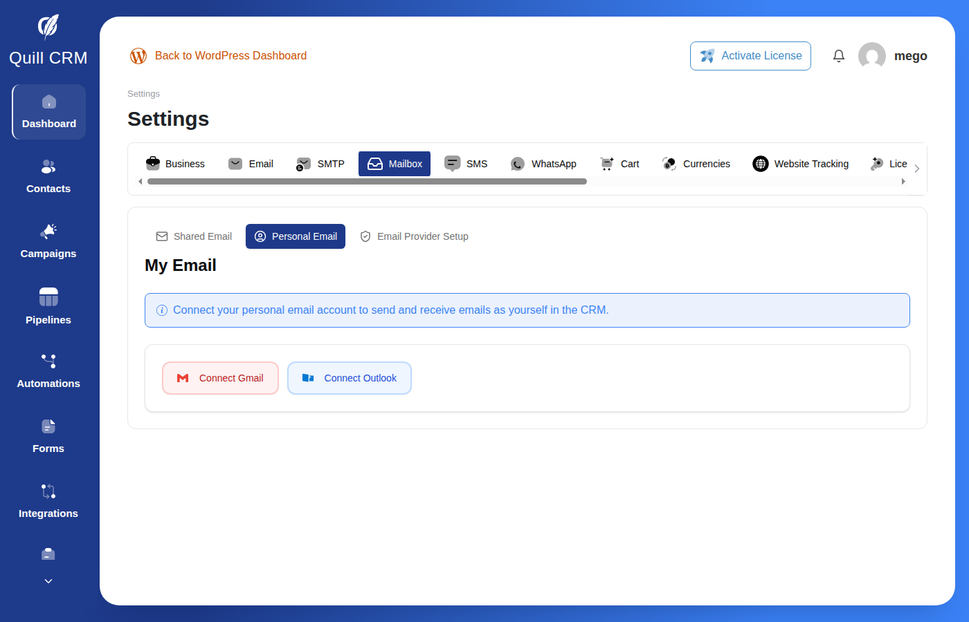 Personal Email tab — Connect Gmail and Connect Outlook buttons