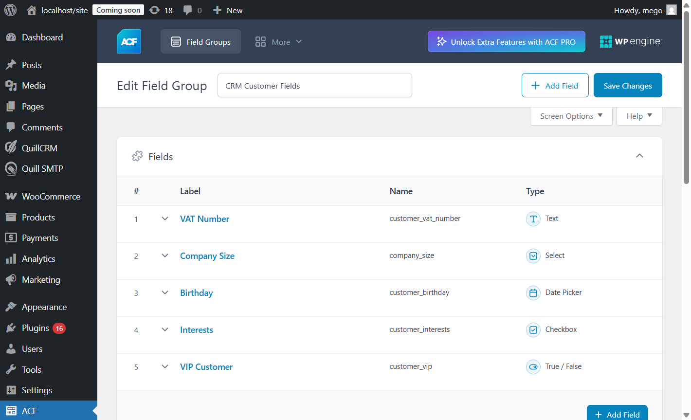 ACF field group showing user fields like VAT Number, Company Size, Birthday, Interests, and VIP Customer