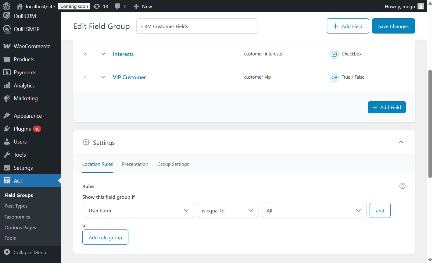 ACF location rules configured to show field group when User Form is equal to All
