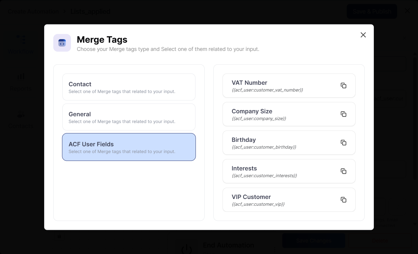QuillCRM merge tag picker showing ACF User Fields group with VAT Number, Company Size, Birthday, Interests, and VIP Customer tags