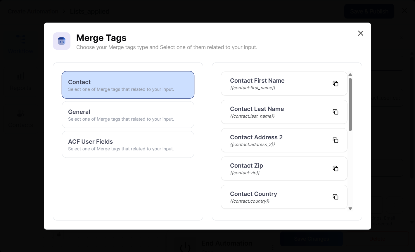 QuillCRM merge tag picker showing Contact, General, and ACF User Fields groups
