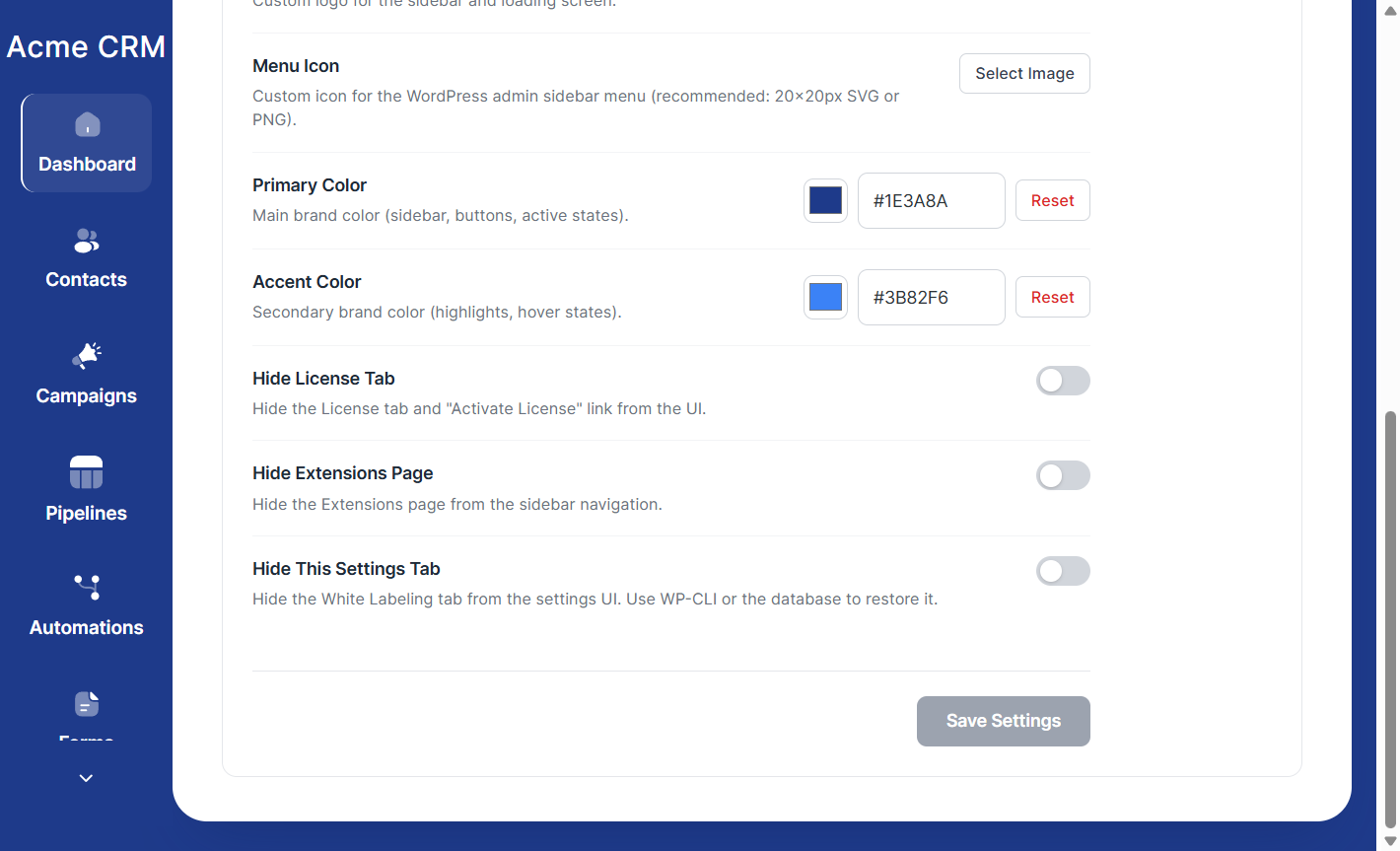 White Labeling settings page showing color pickers, hide toggles, and save button