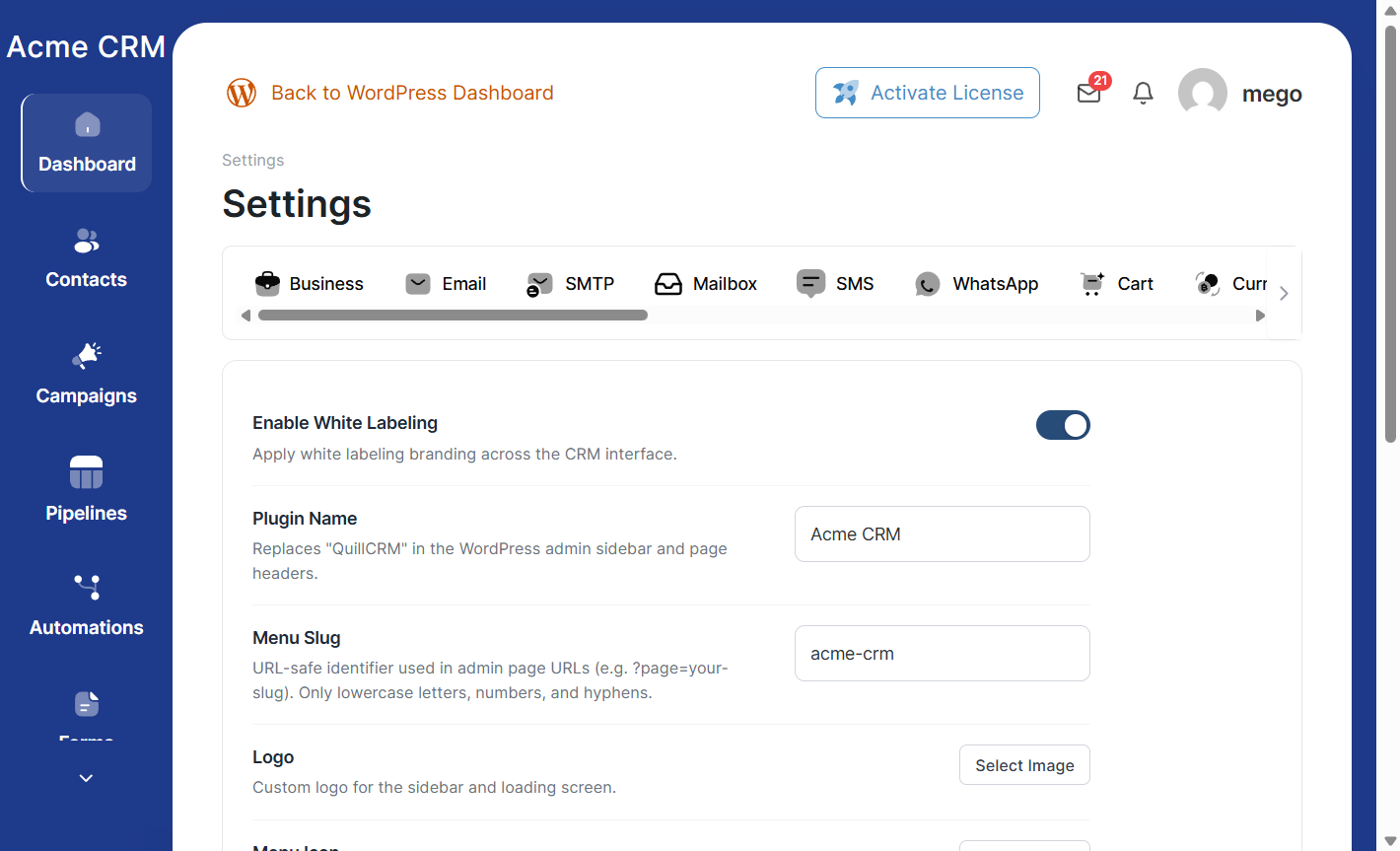 White Labeling settings page showing Enable toggle, Plugin Name, and Menu Slug fields